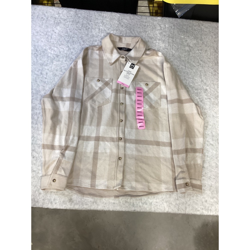 Members Mark Womens‎ Cozy Button Down Shirt Tan Plaid Shacket Small NWT